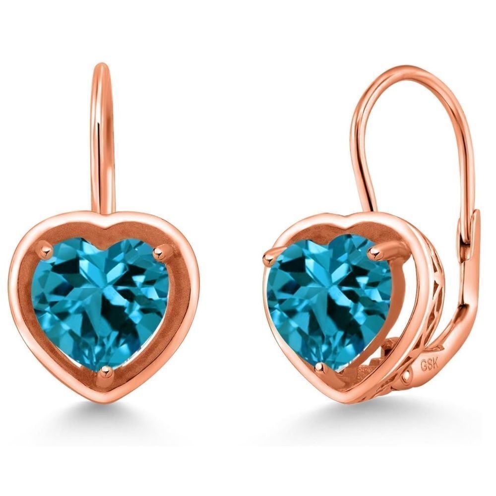 18K Rose Gold 925 with 3.20 Cttw 7MM London Blue Topaz Heart Leverback Earrings